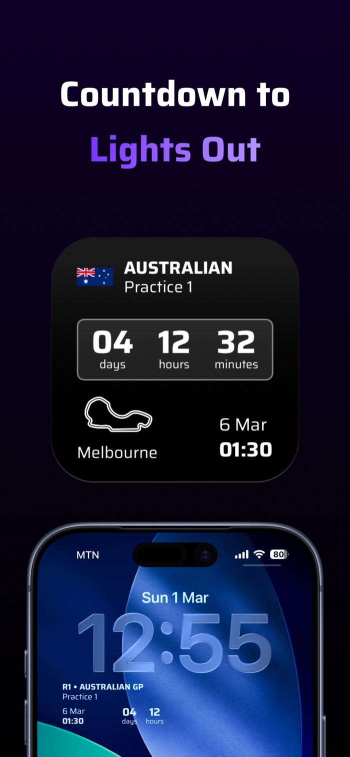 F1 countdown widget and Lock Screen countdown for Australian Practice 1