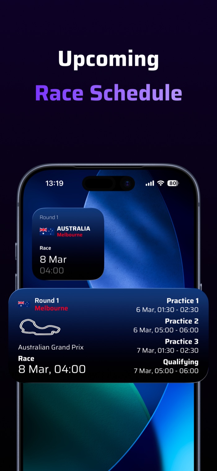 Upcoming F1 race schedule widgets with Melbourne Grand Prix session times