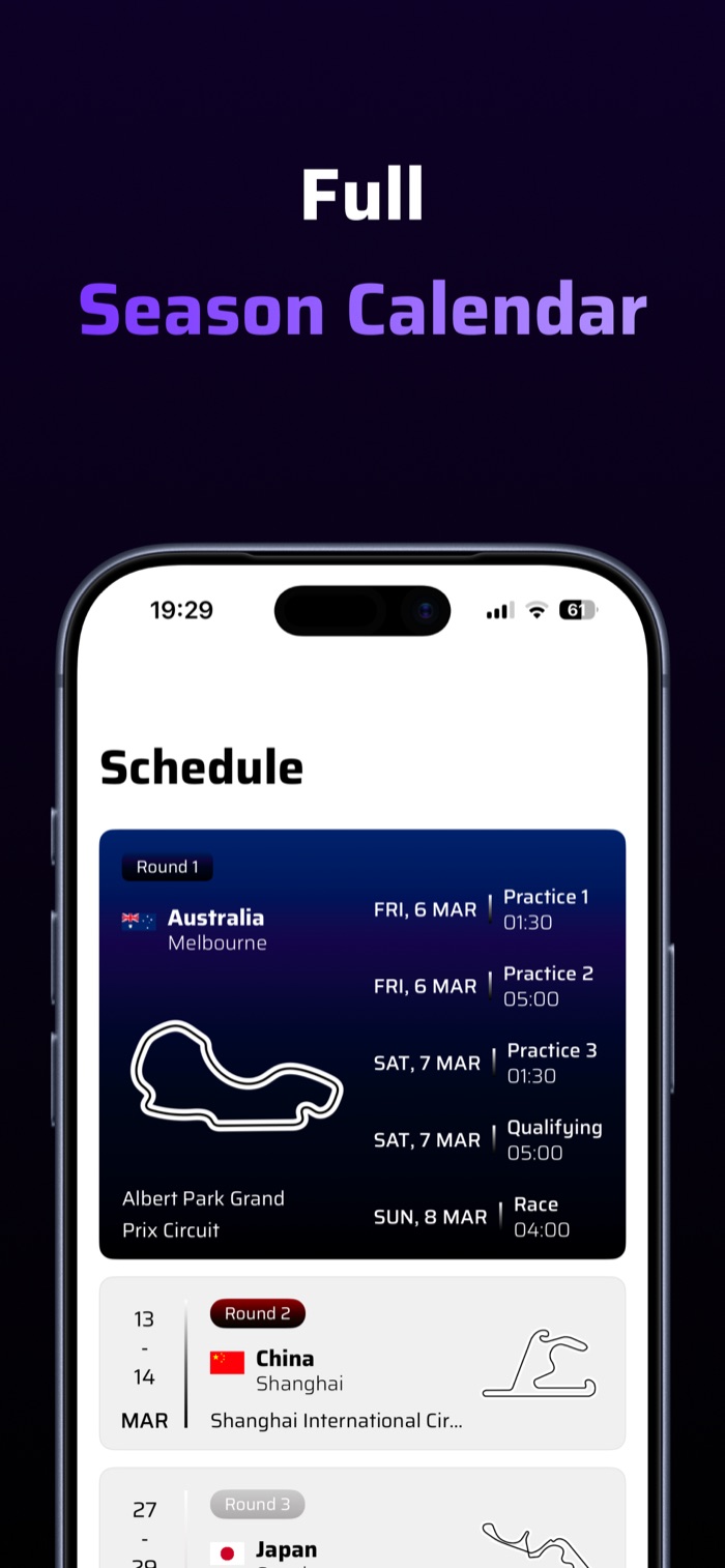 Full Formula 1 season calendar with circuit maps and session times
