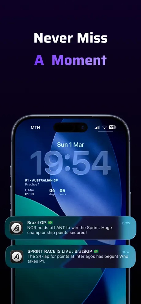 ApexStint race notifications and Lock Screen countdown so you never miss a session